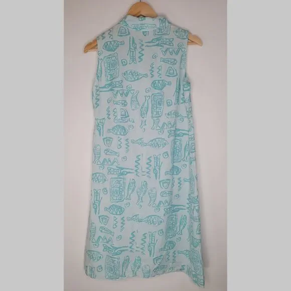 MATCH Vintage Blue Green Linen Shift Dress Size 4 Sleeveless Beach Fish Print - Picture 4 of 9